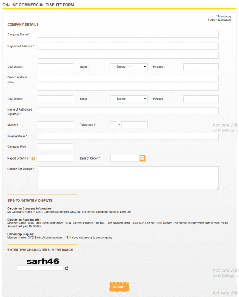 Commercial CIBIL report- online commercial dispute form