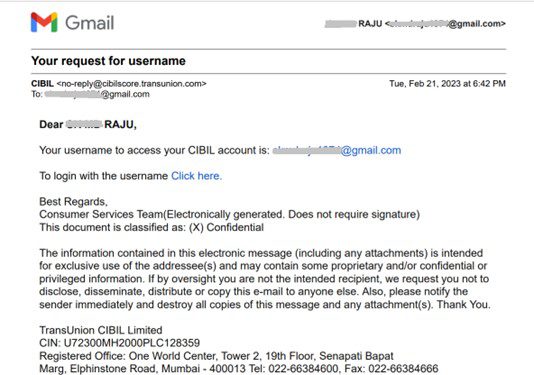Response email from TransUnion CIBIL with your username