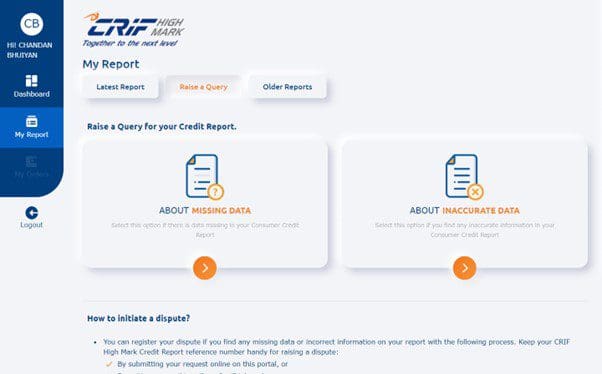 4. Raise a dispute section to rectify CRIF Highmark credit report