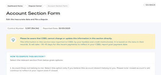 12. TransUnion CIBIL raise a dispute in account section 1