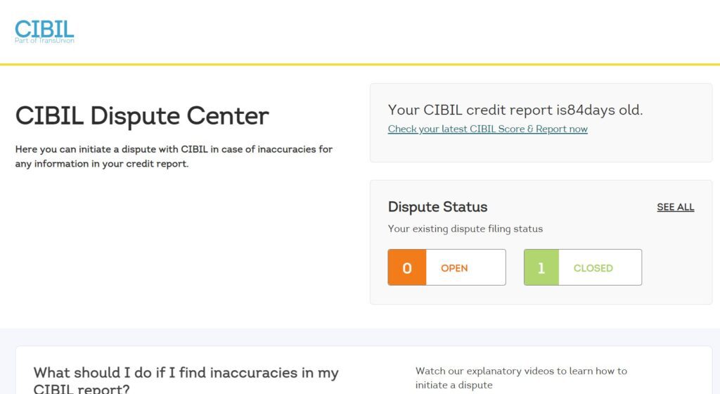 5. TransUnion CIBIL dispute center page