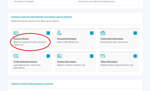 CIBIL DISPUTE SIDE Account section Page