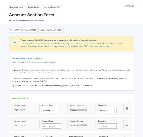 CIBIL dispute Loan account SIDE Page