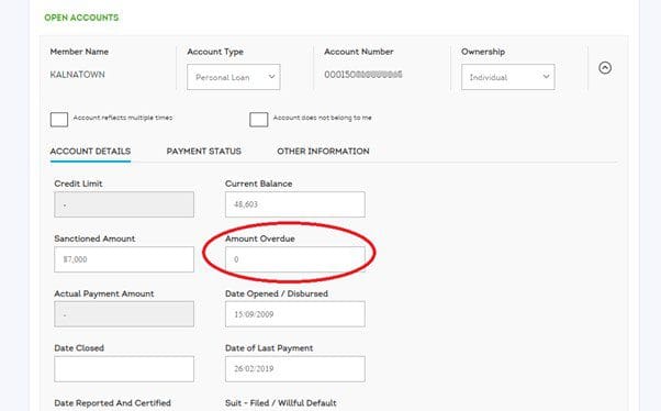 CIBIL paid only the Overdue Amount Page