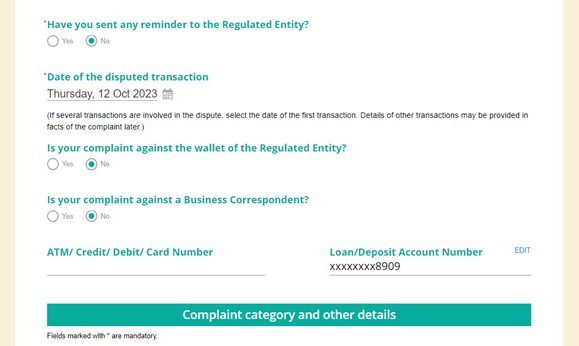 RBI Ombudsman complaint Loan account details