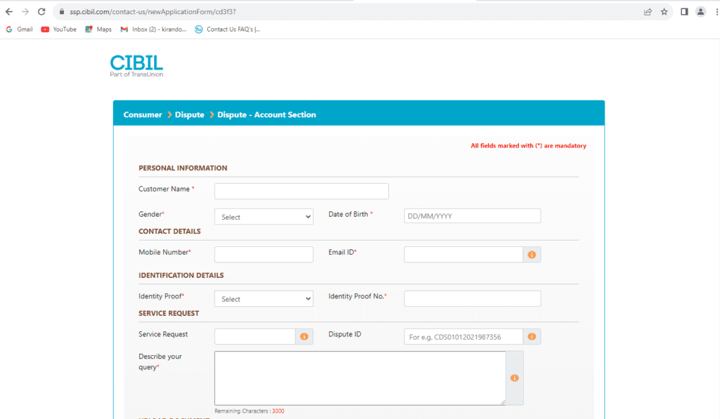 CIBIL dispute form