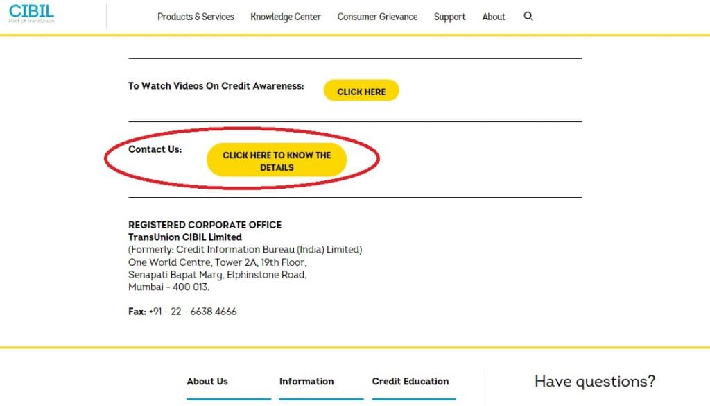 TransUnion CIBIL Contact us page