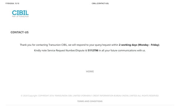 Online dispute in CIBIL Service Request Number