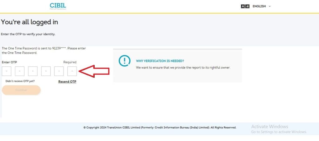 Transunion CIBIL login OTP Verification