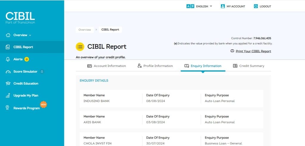 CIBIL Dashboard credit report section 1