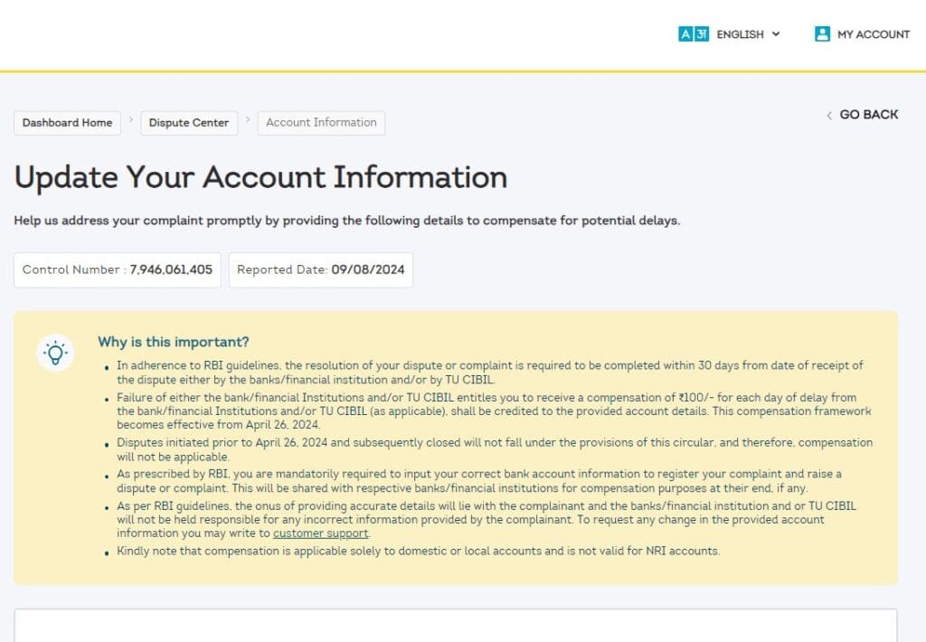 Mention your account information in CIBIL dispute form 1